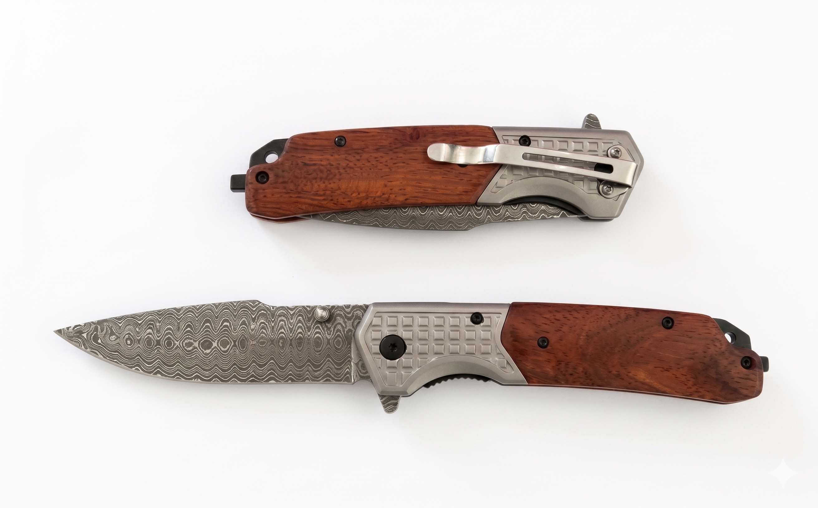 ML0247 Navaja Táctica 230mm - Hoja Estilo Damasco y Mango de Madera Noble con Rompecristales